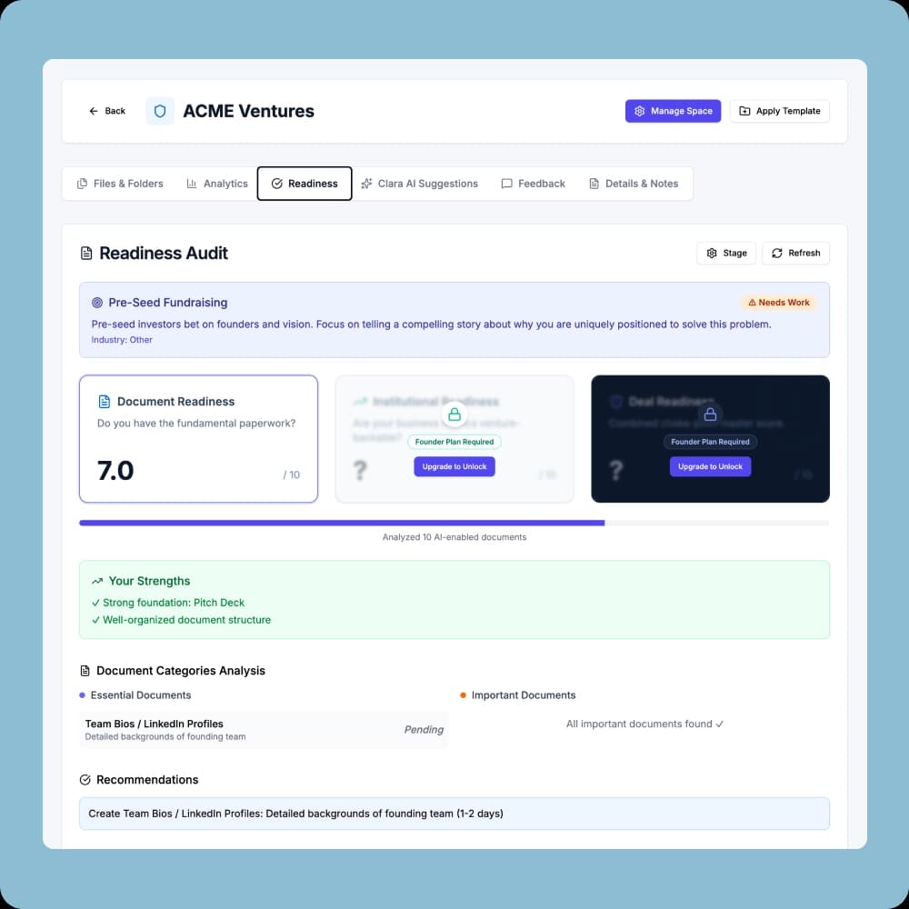 Deal Readiness Score and Pre-Pitch Diligence Audit
