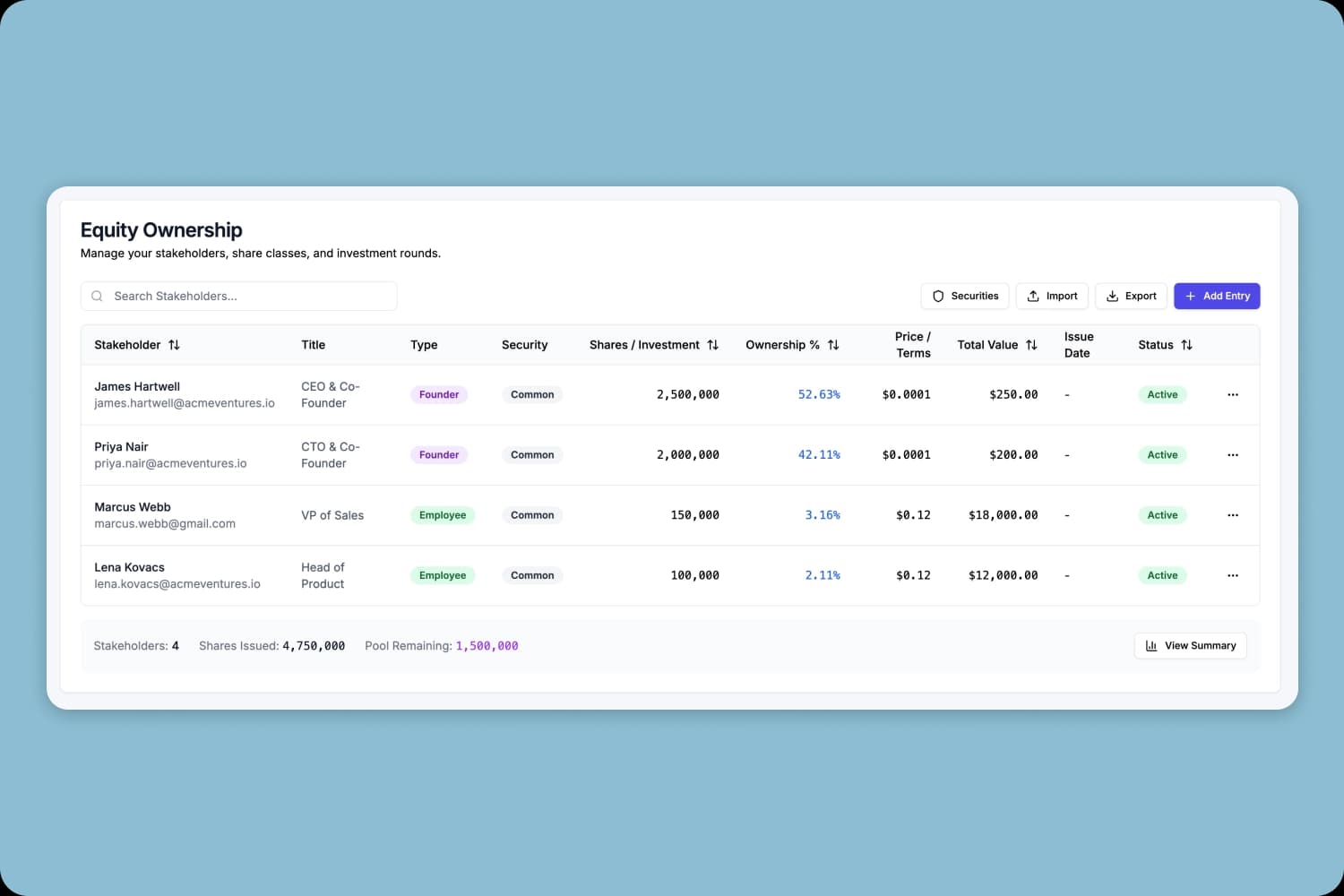 DealVue Cap Table Management and Dilution Modeling Interface