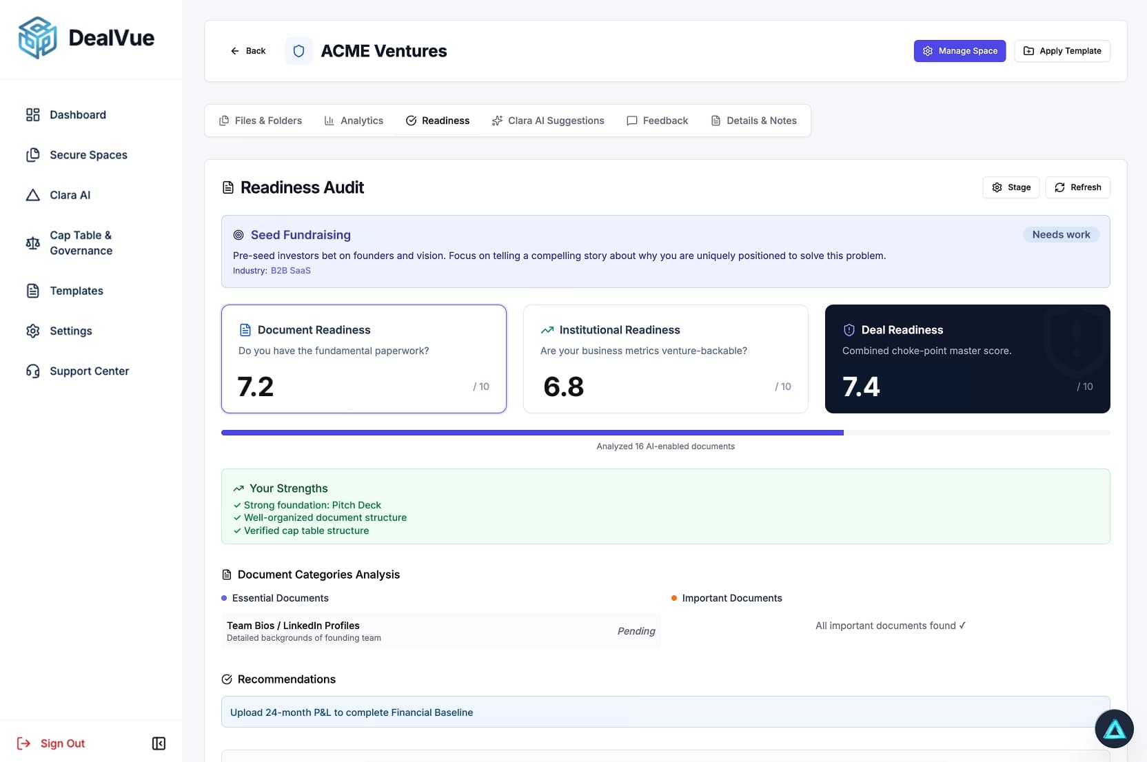 DealVue intelligent deal room interface showing pitch score and investor tracking