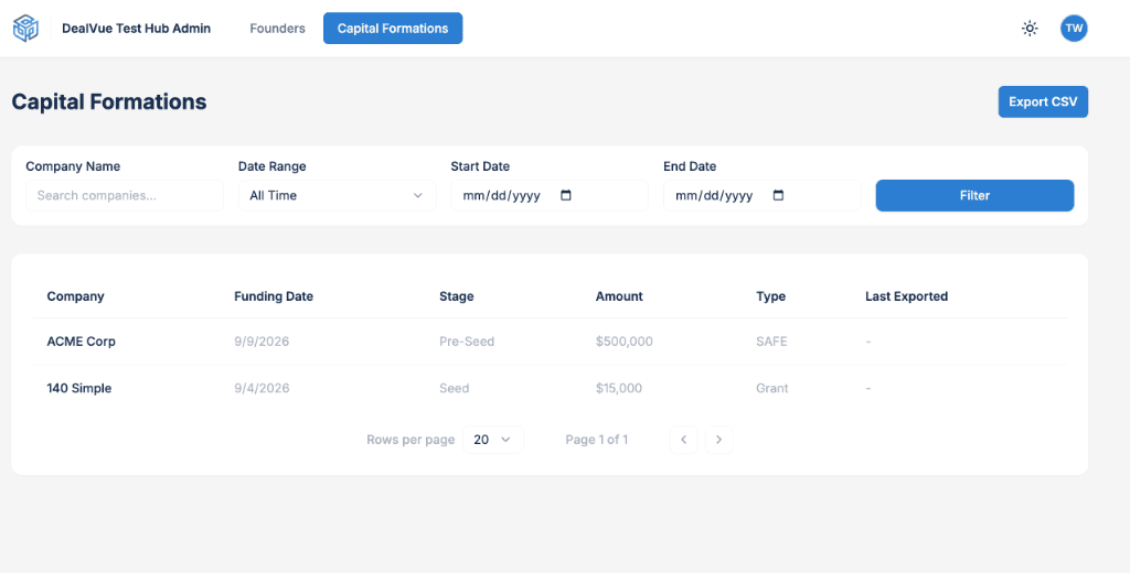 DealVue Hub Capital Formations Tracker with SAFE, Grant, and CSV export capabilities