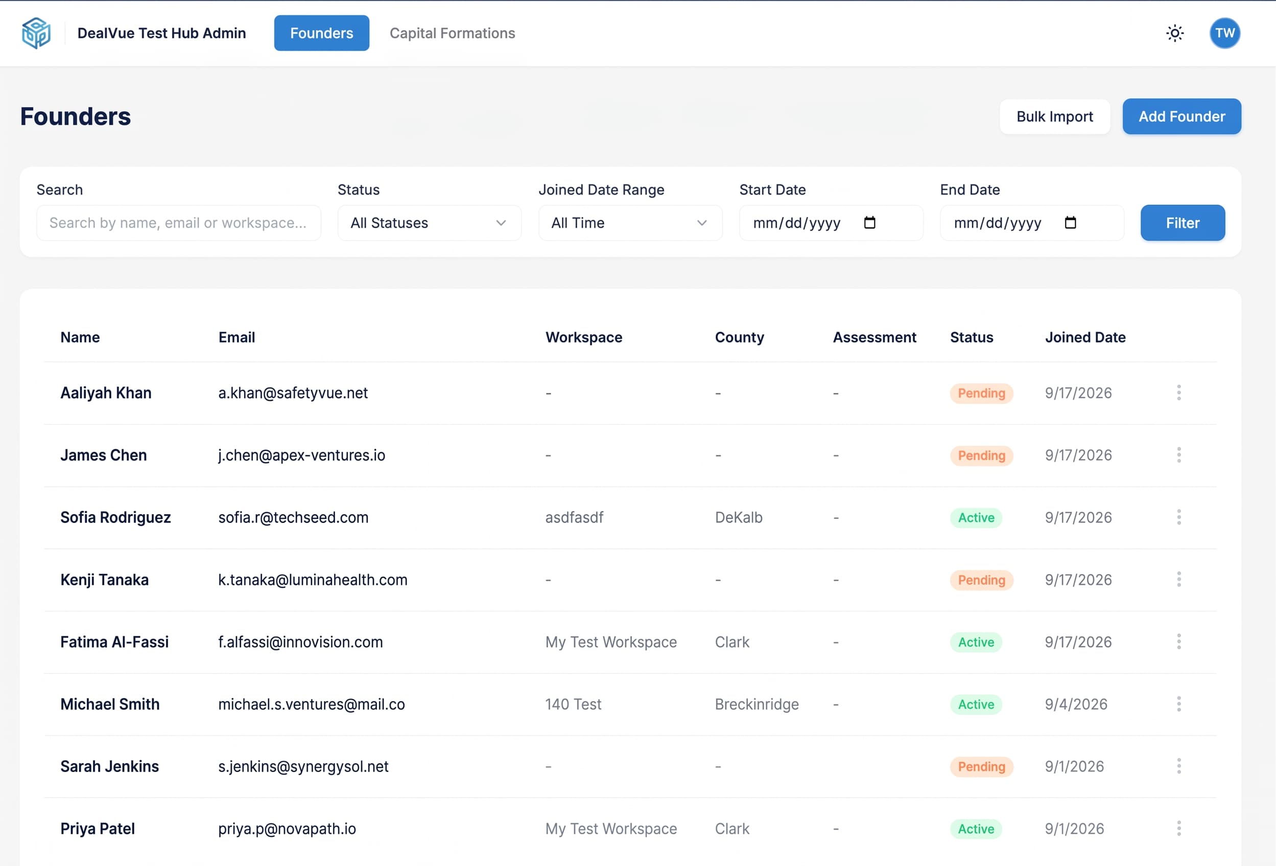 DealVue Hub Admin Founders Management Table with county and assessment tracking