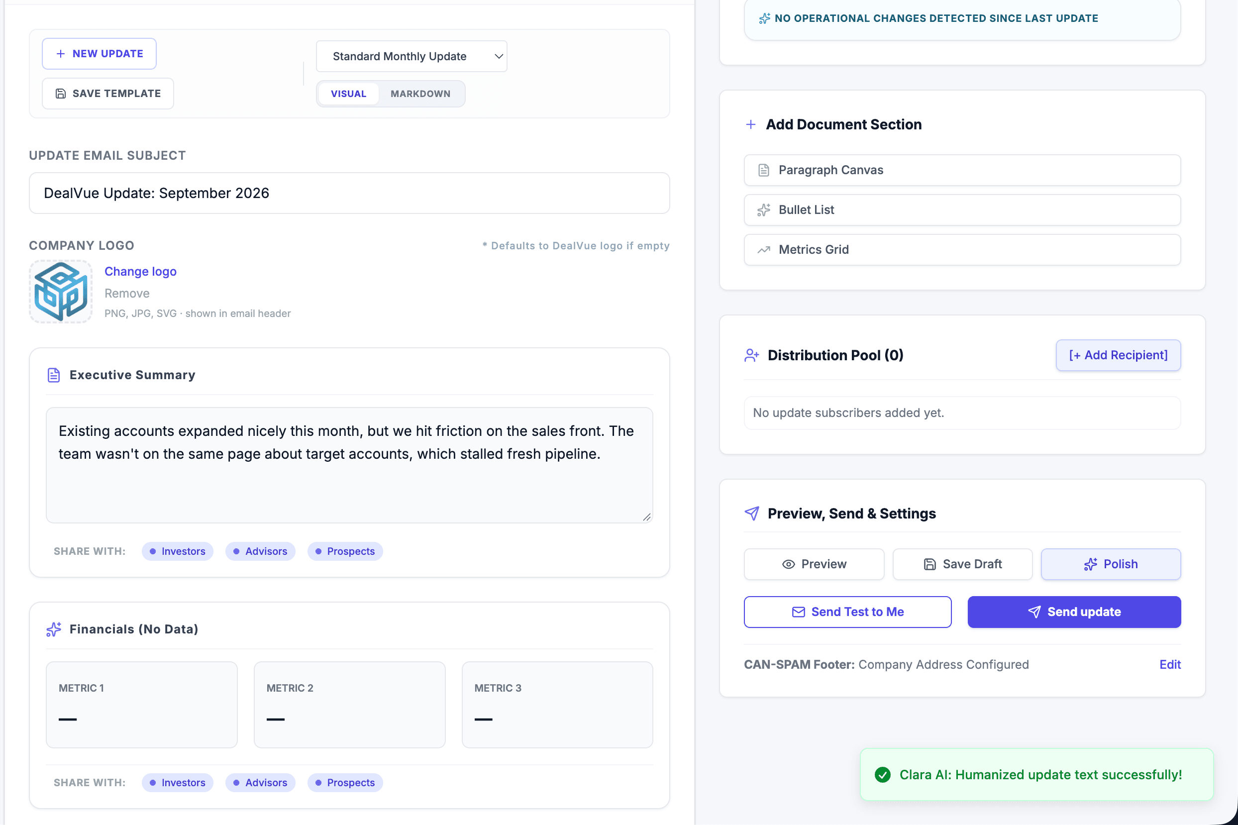 Clara AI humanizing and polishing investor update text successfully