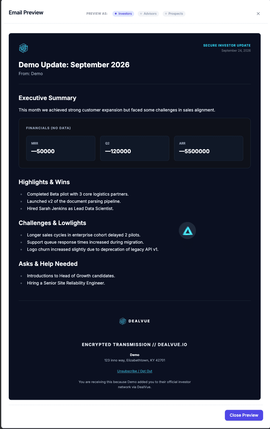 Investor analytics tracking and update preview