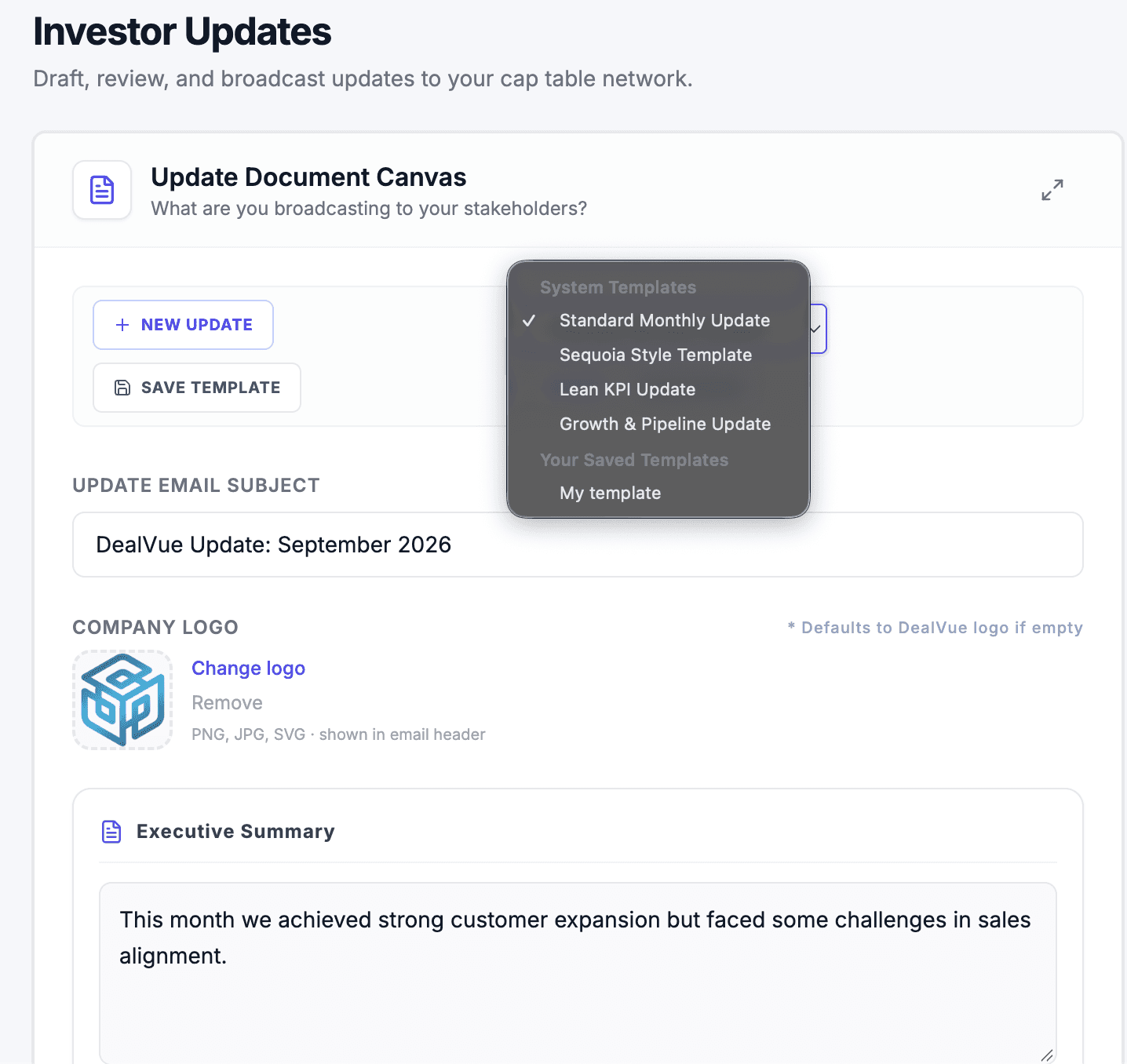 System reporting templates selector including Sequoia Style, Lean KPI, and Growth Pipeline