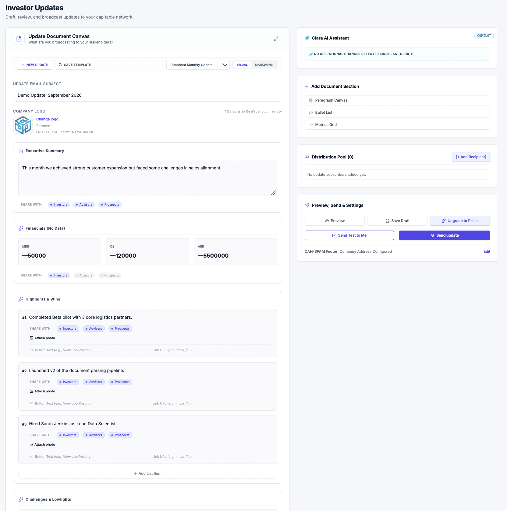 Automated investor reporting dashboard overview